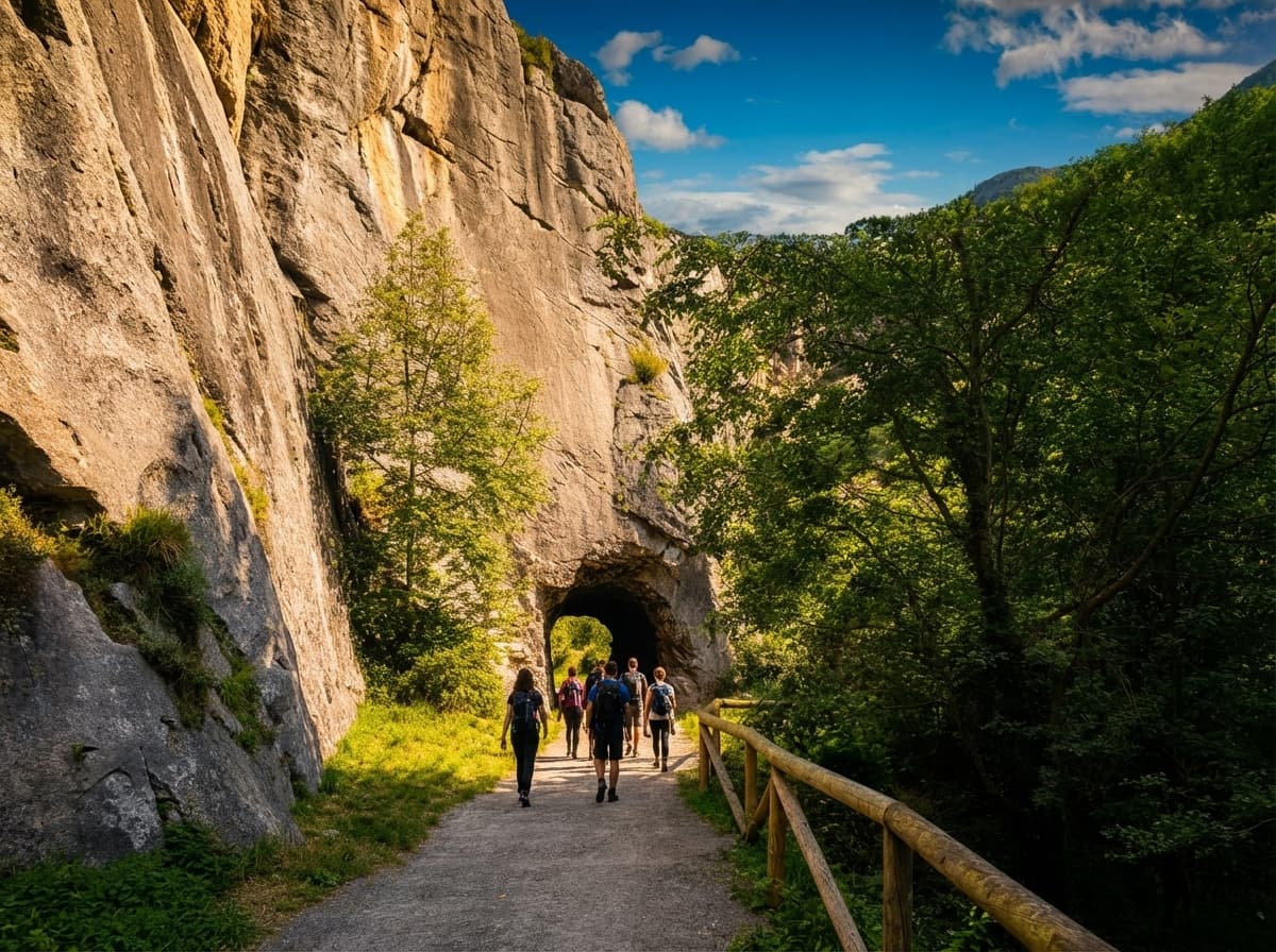 Senderistas caminando por un tramo de la Senda del Oso en Asturias
