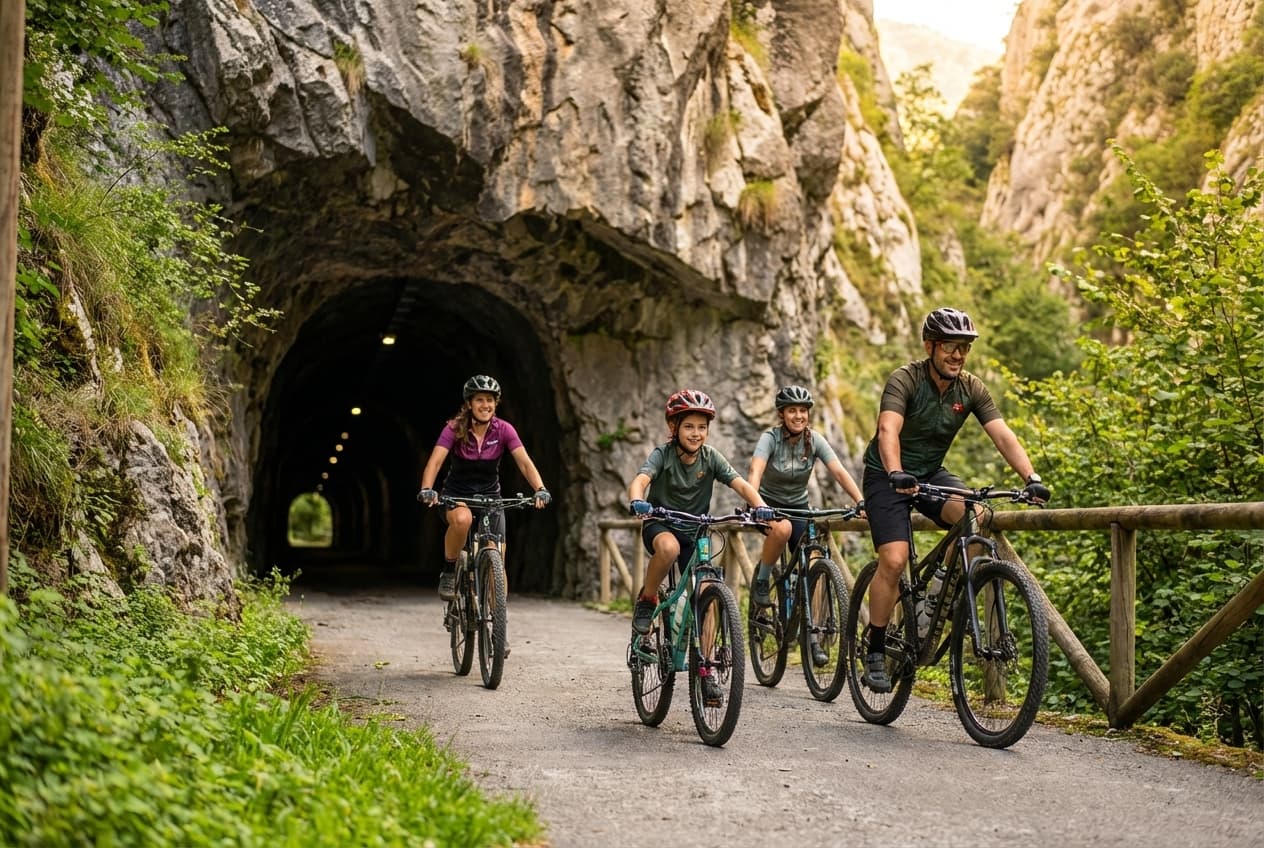 Familia con niños pedaleando en la Senda del Oso con bicis de alquiler