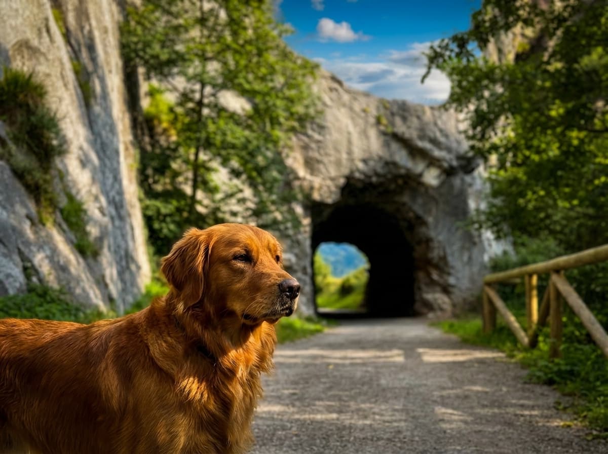 Perro en remolque pet-friendly recorriendo la Senda del Oso en bici