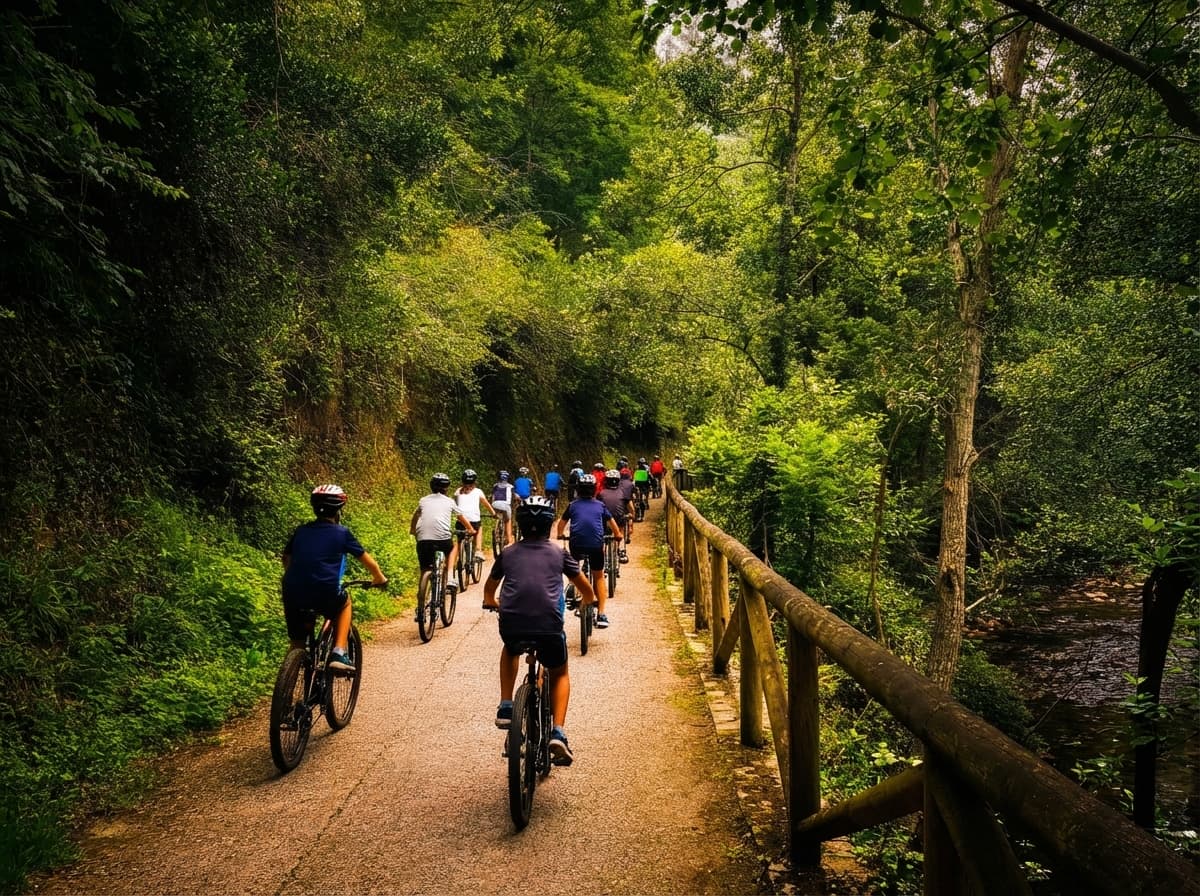 Grupo escolar pedaleando por la Senda del Oso con bicis de alquiler