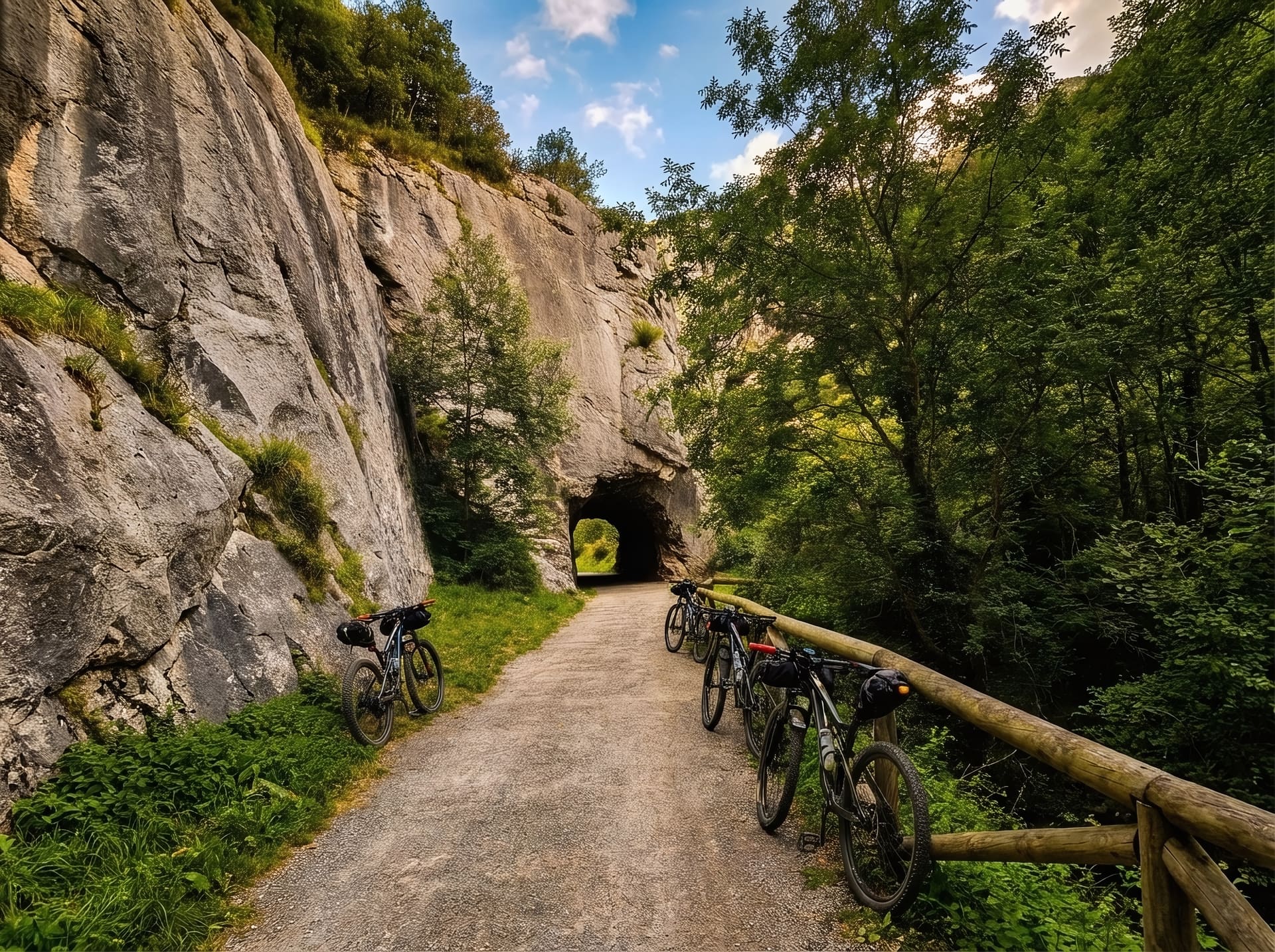 Vélos prêts sur la Senda del Oso, près d’un tunnel de l’ancien chemin de fer