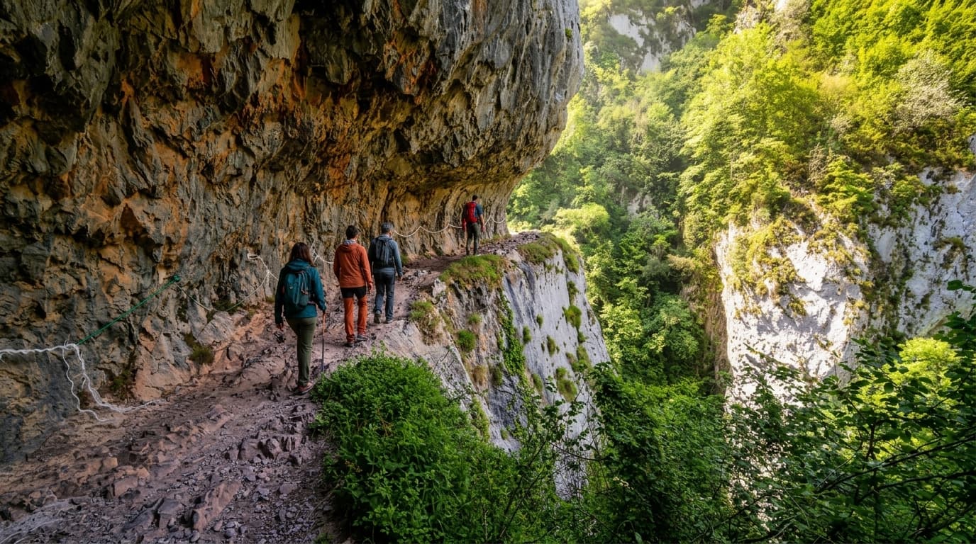 Senderistas avanzando por el sendero tallado en la pared del Desfiladero de Las Xanas, Santo Adriano (Asturias)