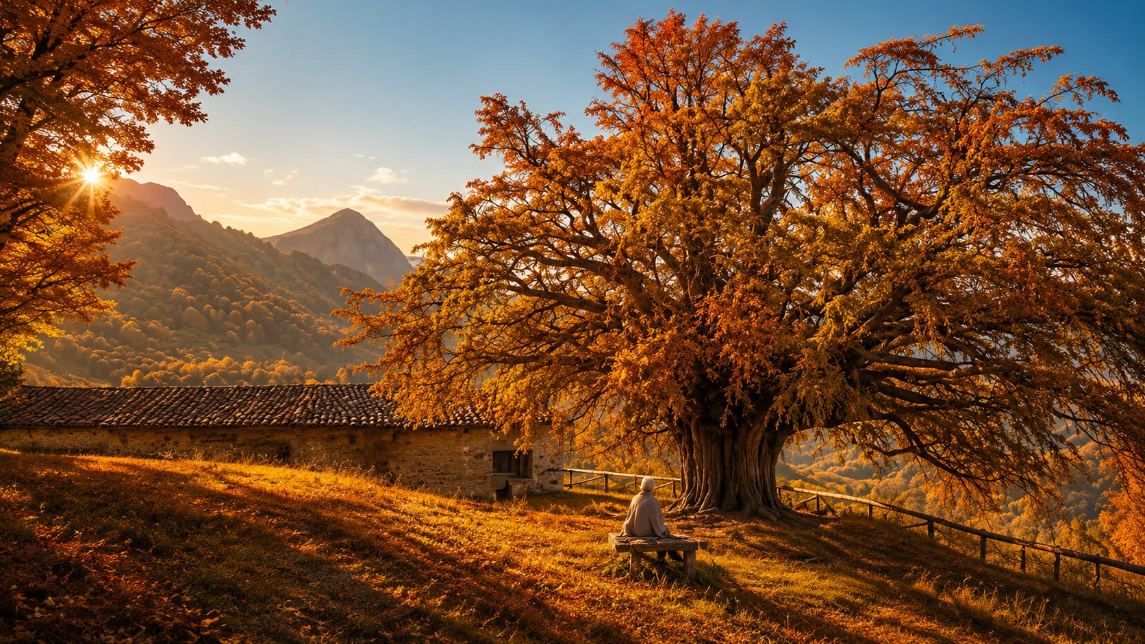 Tejo de Bermiego al atardecer en otoño junto a la ermita de Bermiego, Quirós: árbol milenario y patrimonio natural emblemático de la Senda del Oso