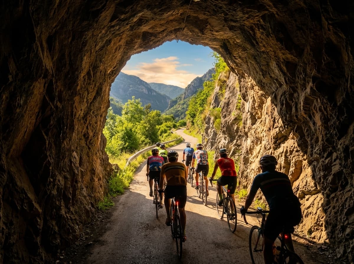Túnel del antiguo ferrocarril minero con iluminación fotovoltaica en la Senda del Oso
