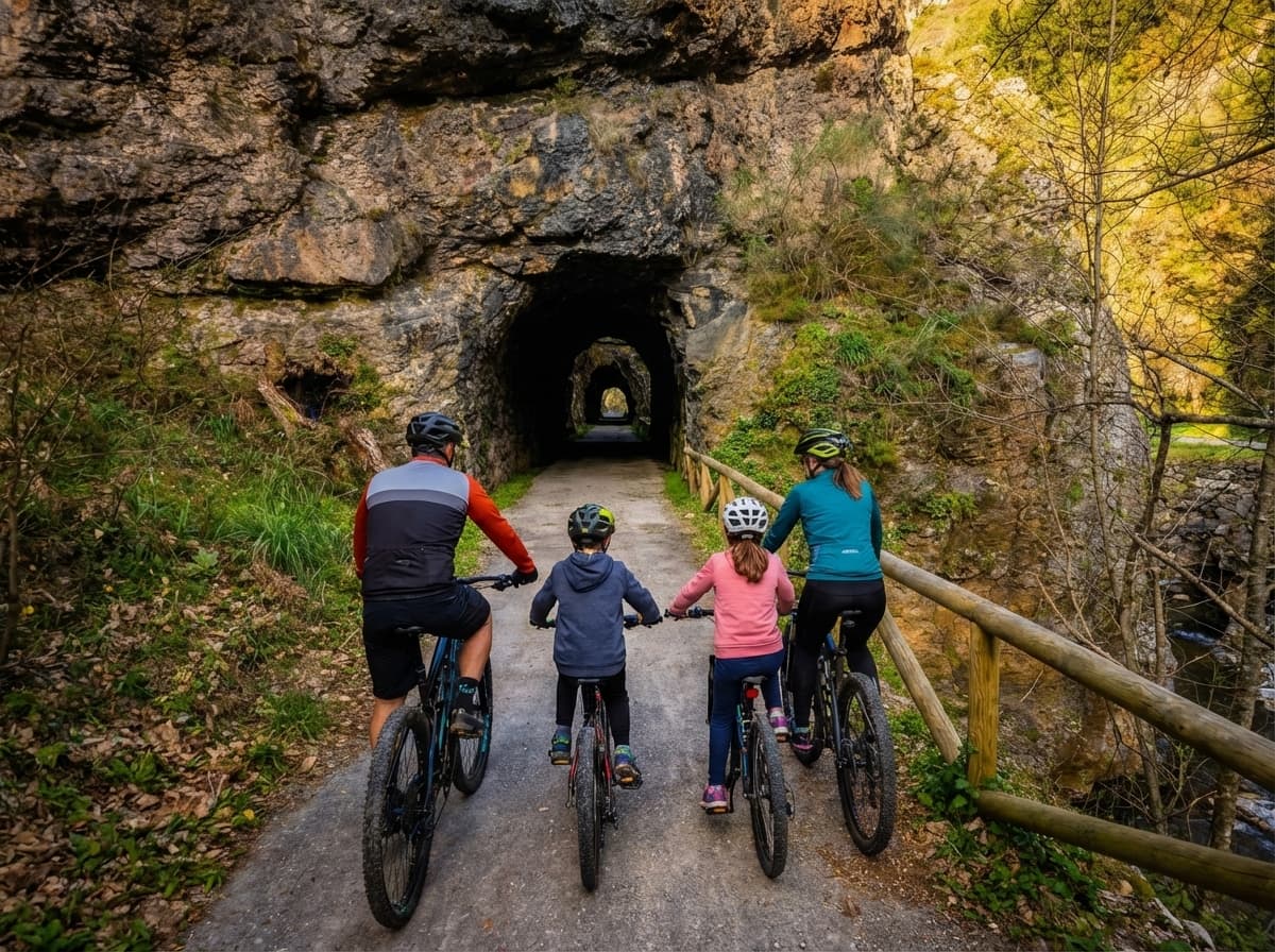 Familia en la Senda del Oso con bici de alquiler