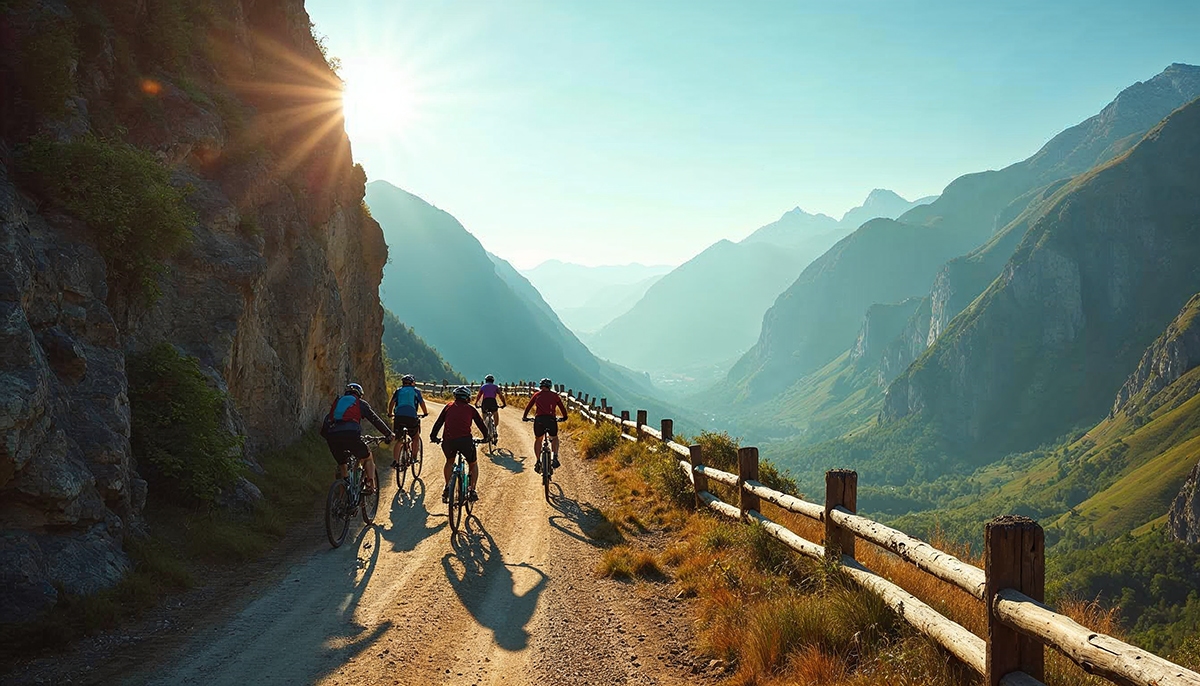 Grupo de ciclistas recorriendo la Senda del Oso en Asturias durante Semana Santa, disfrutando de un paisaje montañoso con acantilados, vallas de madera y exuberante vegetación bajo el sol primaveral.